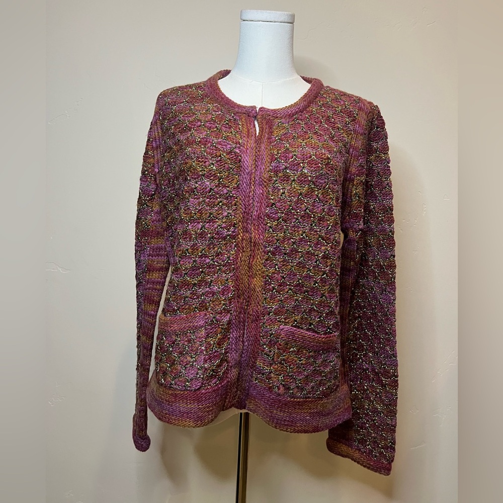 Elegant Knit Cardigan in Plums and Gold